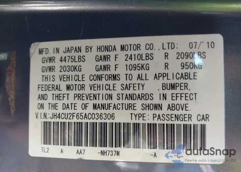 2010 Acura Tsx 2.4 из США, поврежденный, VIN JH4CU2F65AC036306